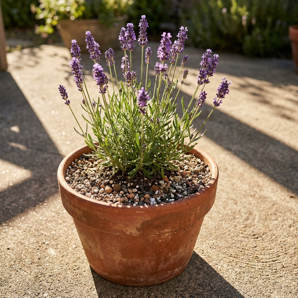 A blooming lavender plant in a terracotta pot with gritty, well-draining soil and sunlight casting sharp shadows