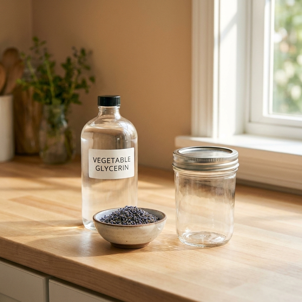 A bottle of vegetable glycerin beside a small bowl of dried lavender buds and a clean lidded jar on a bright kitchen counter