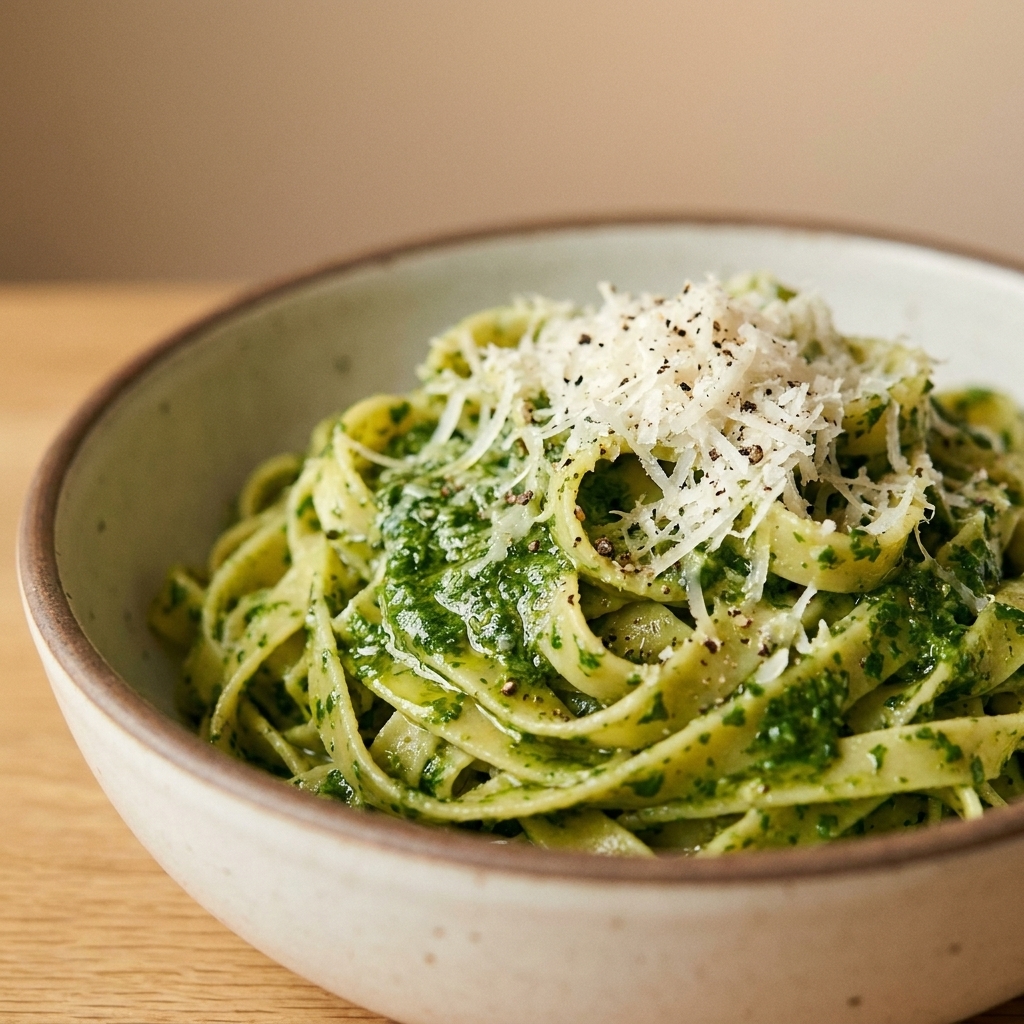 A bowl of pasta tossed with glossy parsley pesto, topped with grated Parmesan and cracked black pepper