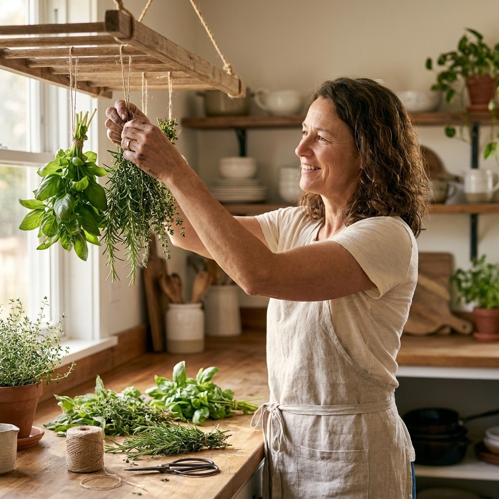 A bright home kitchen with bundles of herbs tied with twine and hanging from a simple drying rack above a wooden counter