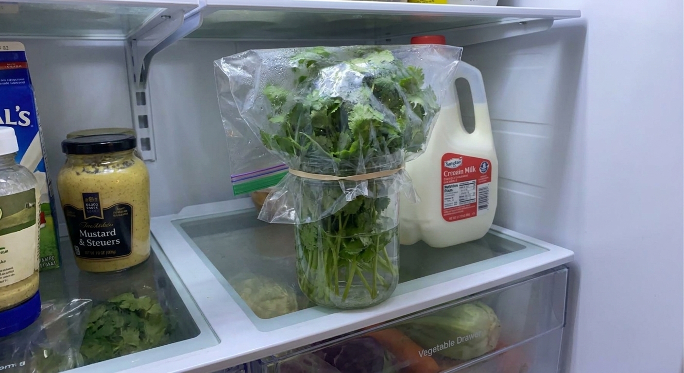 A bunch of fresh cilantro with stems in a glass jar of water, loosely covered with a clear plastic bag, sitting in a home refrigerator