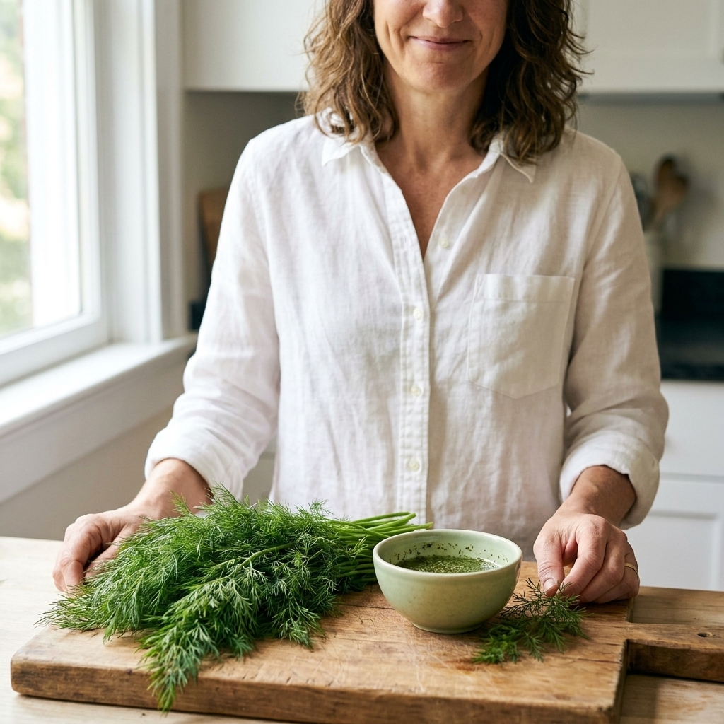 A bunch of fresh dill with feathery fronds on a wooden cutting board next to a small bowl of pale green dill marinade