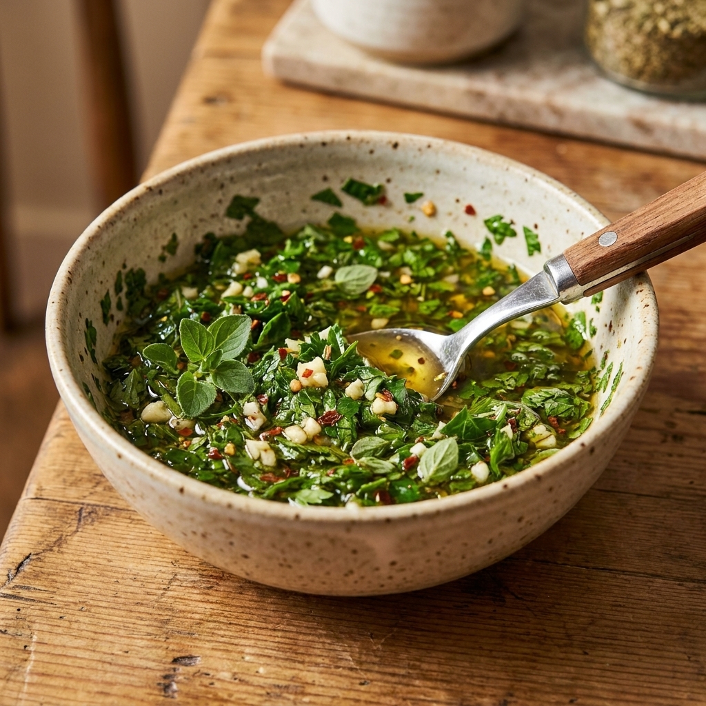 A ceramic bowl of chimichurri-style marinade with chopped parsley, oregano leaves, minced garlic, and red pepper flakes, with a spoon resting in the bowl