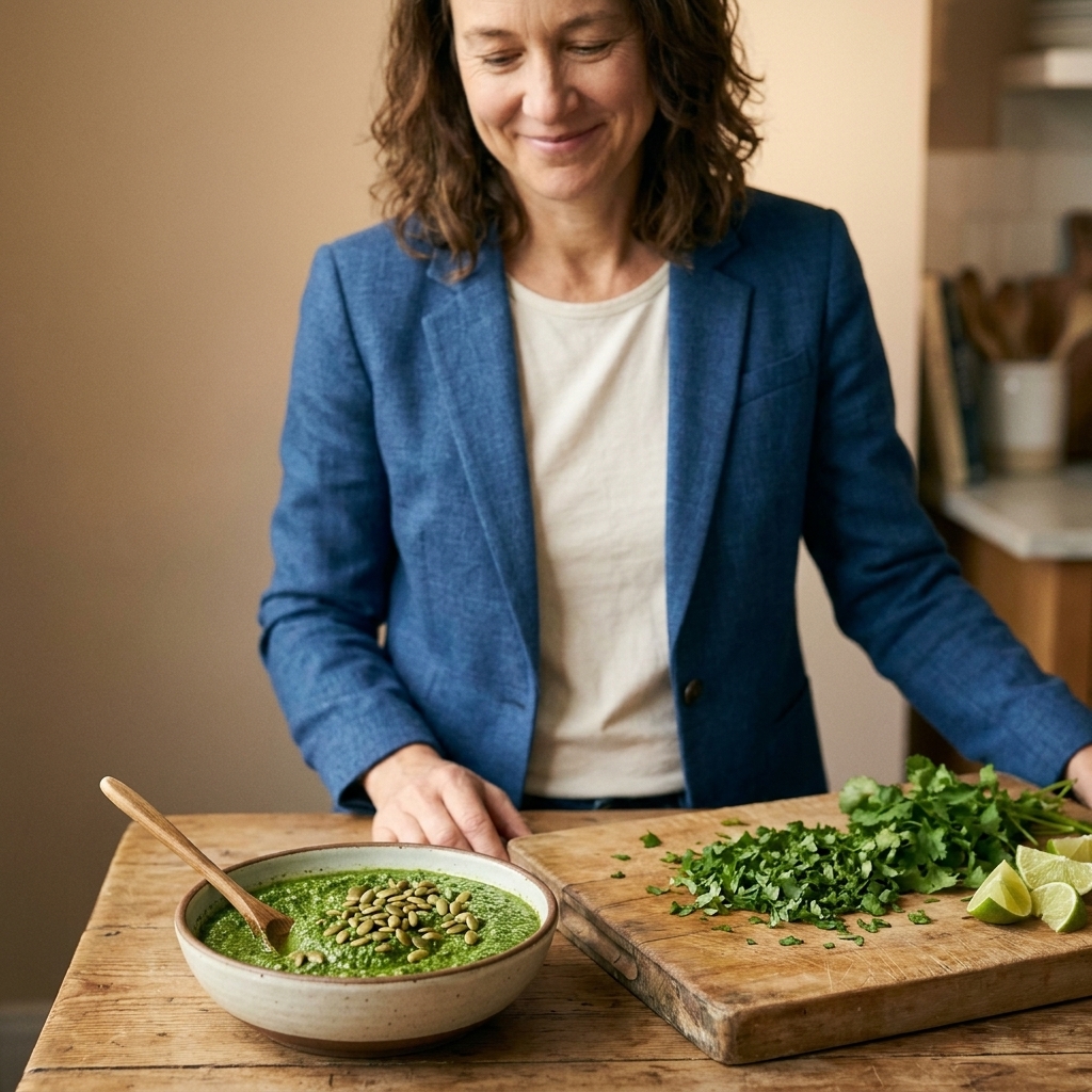 A ceramic bowl of cilantro pesto with pepitas on top, set beside a cutting board with chopped cilantro and lime wedges
