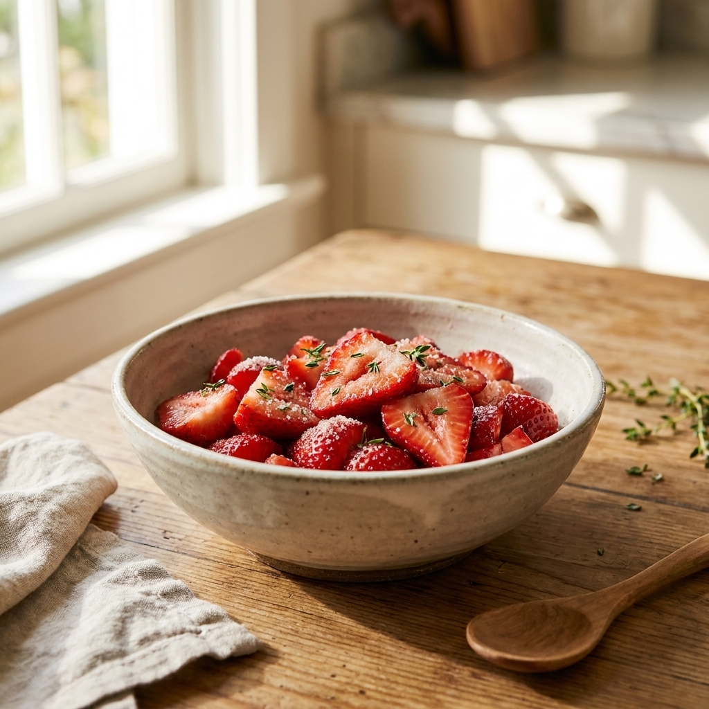 A ceramic bowl of sliced strawberries lightly coated with thyme-infused sugar on a kitchen table in soft daylight