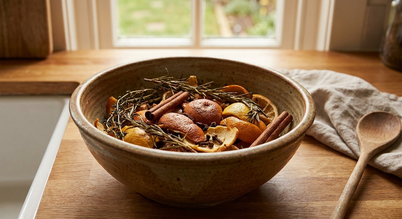 A ceramic compost bowl on a kitchen counter filled with cooled citrus peels and herb stems after a simmer pot session