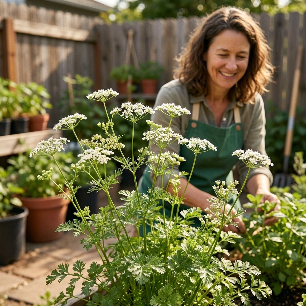 A cilantro plant in bloom with delicate white umbrella-shaped flowers and soft green foliage in a backyard garden