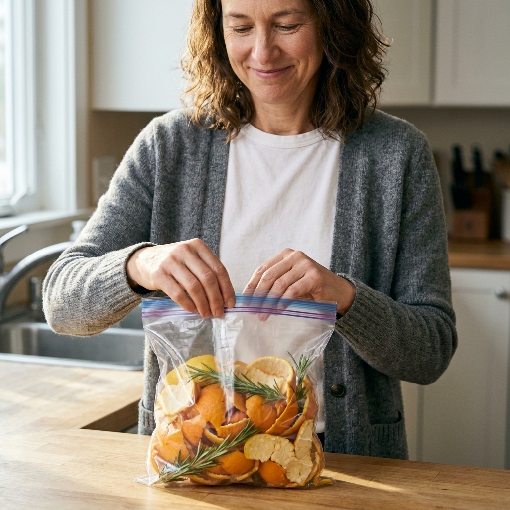 A clear freezer bag filled with orange and lemon peels and rosemary stems on a kitchen counter, ready to be stored for future simmer pots