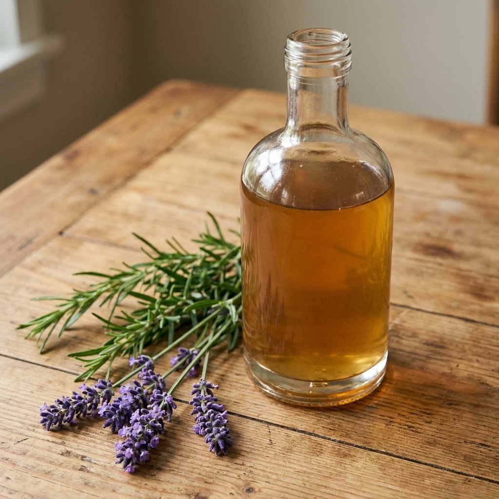 A clear glass bottle of strained herb-infused vinegar beside fresh lavender and rosemary sprigs on a wooden kitchen table