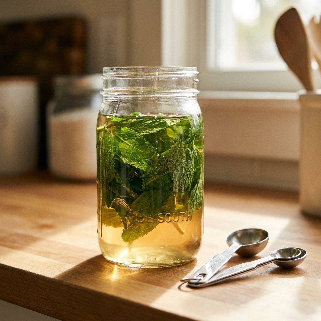 A clear glass jar filled with fresh mint leaves and pale liquid steeping on a sunny kitchen counter next to measuring spoons