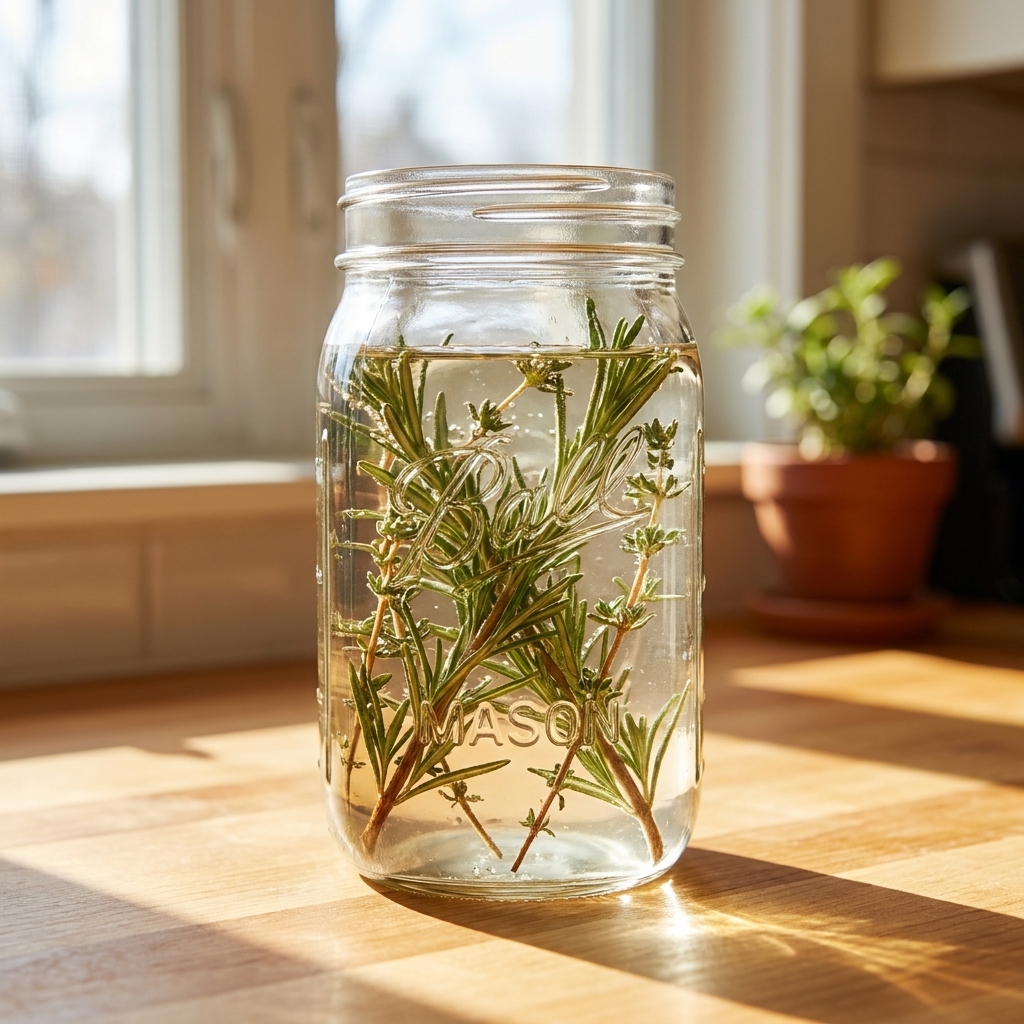 A clear glass jar filled with white vinegar and woody herb stems like rosemary and thyme on a sunlit kitchen counter