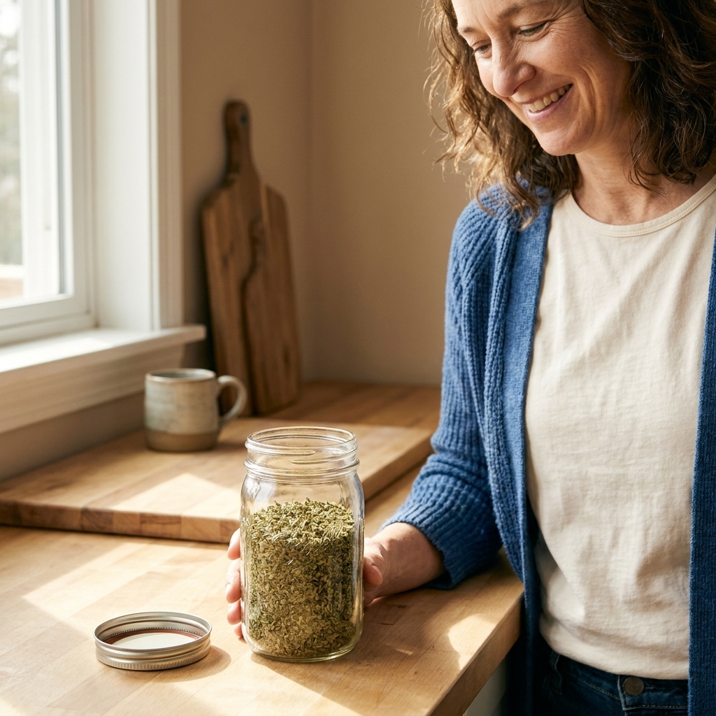 A clear mason jar filled with dried oregano leaves on a kitchen counter, lid off beside it