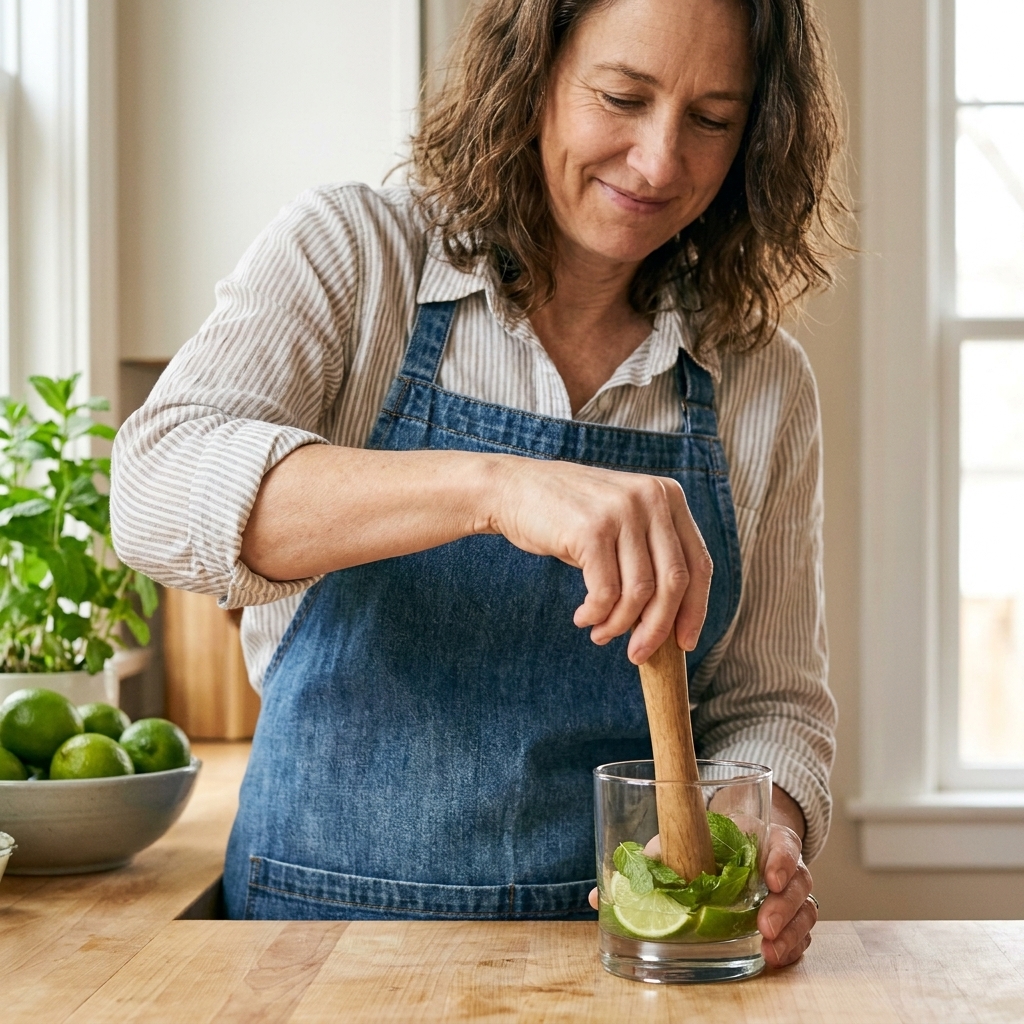 A clear rocks glass with lime wedges and fresh mint being gently muddled with a wooden muddler on a kitchen counter