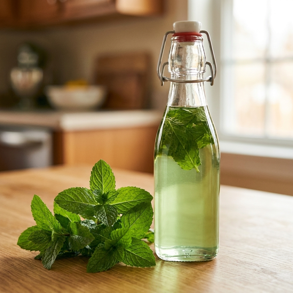 A clear swing-top-glass bottle filled with mint simple syrup beside fresh mint leaves on a bright kitchen table