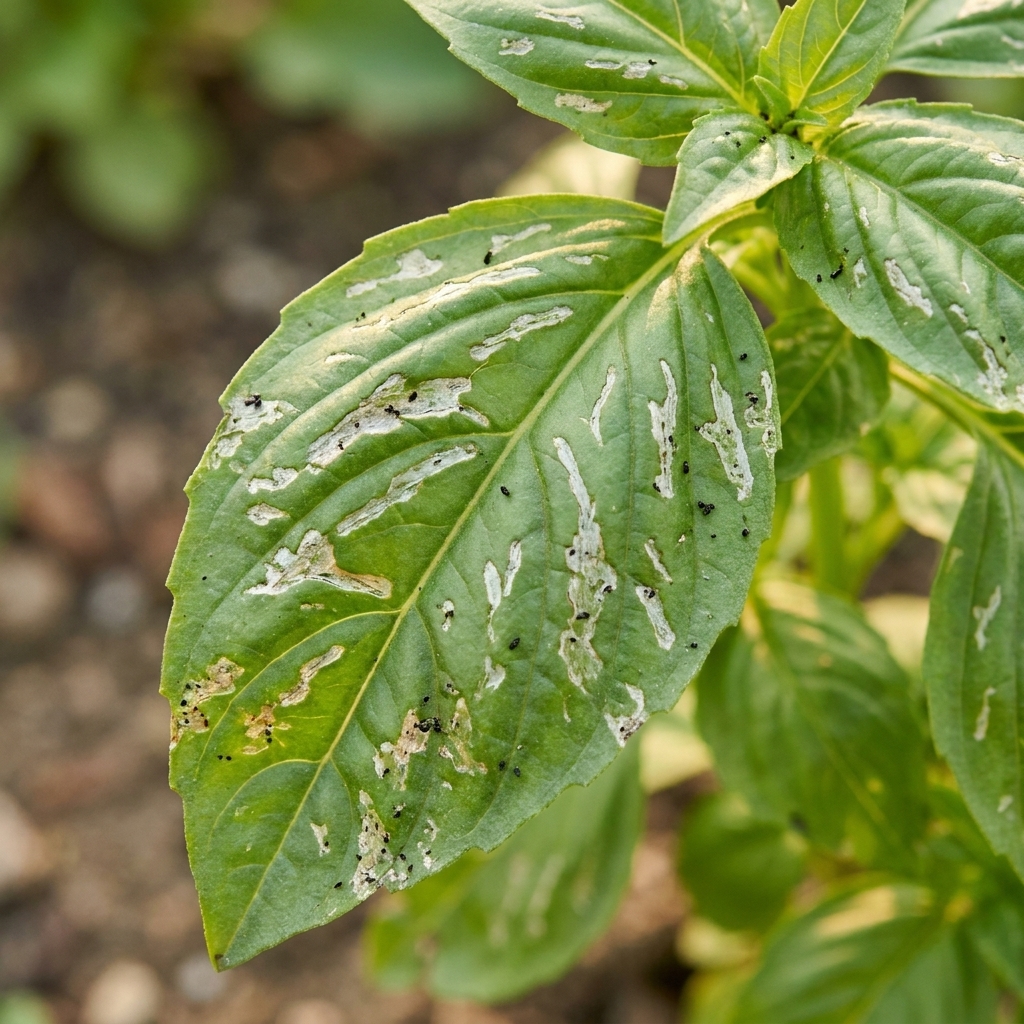 A close-up photo of basil leaves showing silvery streaks and scuffed patches consistent with thrips feeding