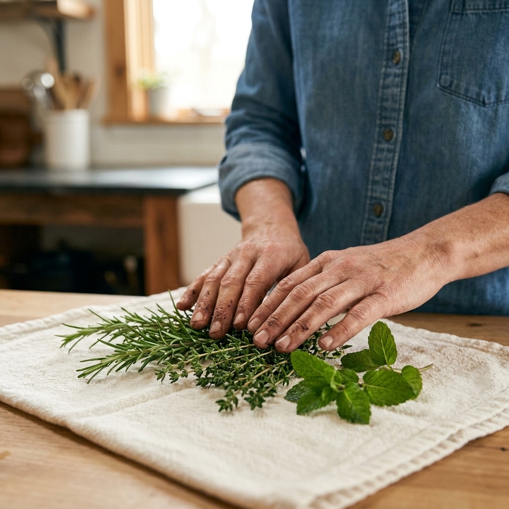 A close-up photo of freshly harvested herb sprigs spread on a clean kitchen towel, with a gardener's hands gently patting them dry