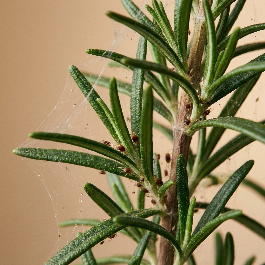 A close-up photo of rosemary needles with faint webbing and tiny spider mites clustered near the stems