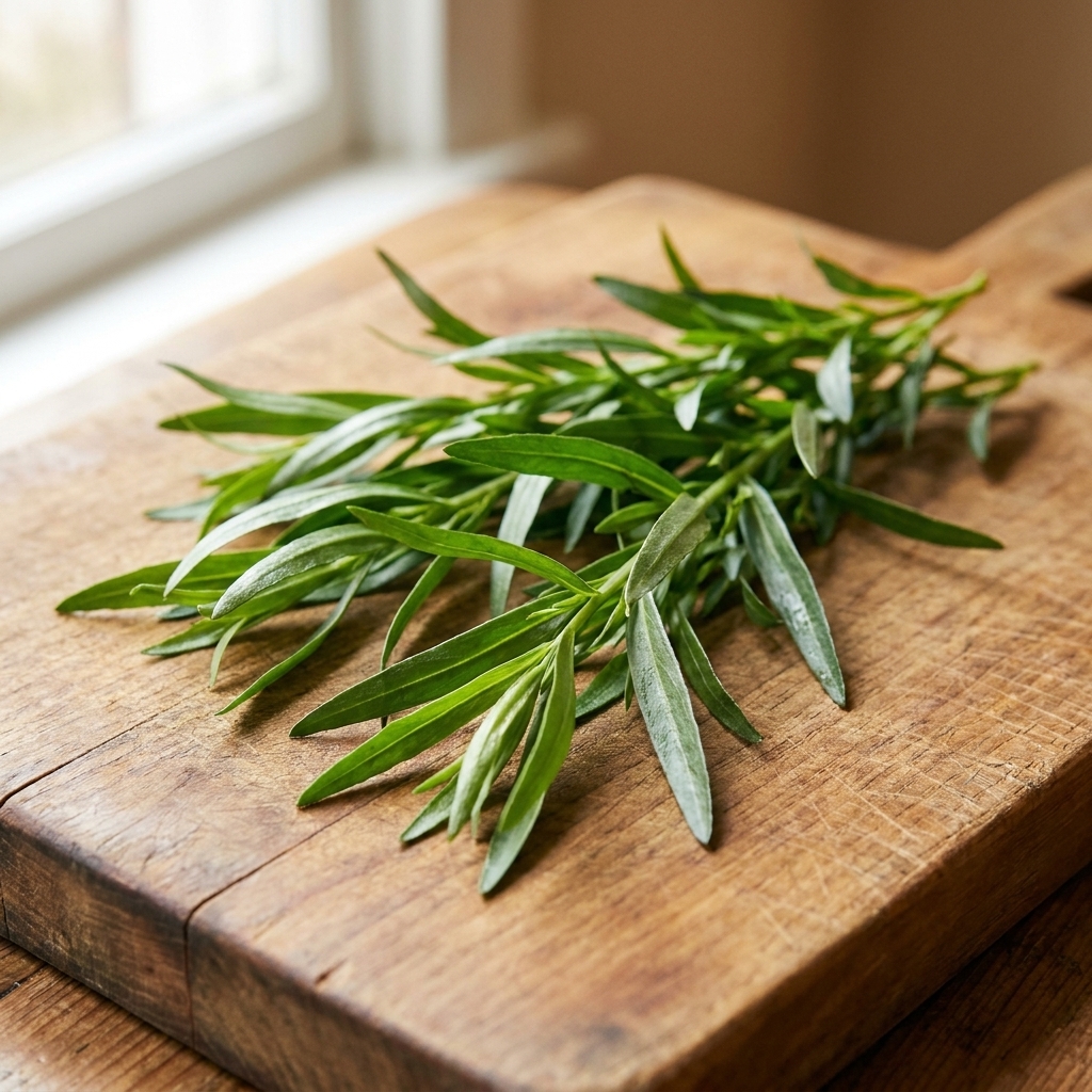 A close-up photograph of French tarragon sprigs with narrow, glossy green leaves resting on a wooden cutting board in natural window light
