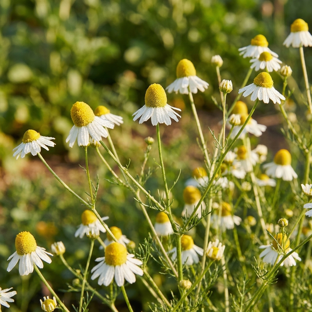 A close-up photograph of fresh German chamomile flowers with white petals and tall yellow cone centers growing on airy green stems in a sunny garden
