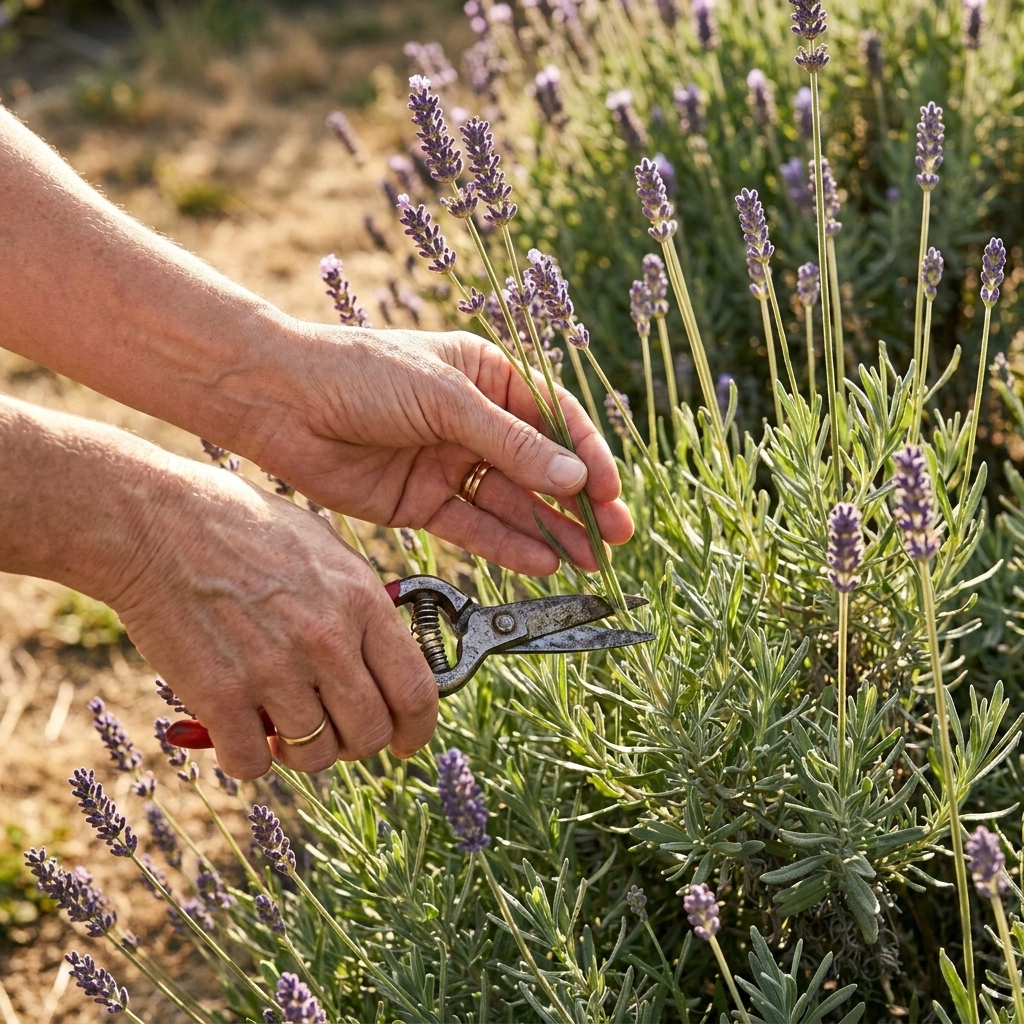 A close-up photograph of hands using garden snips to harvest English lavender flower stems from a healthy plant, with purple buds and gray-green leaves in sunlight