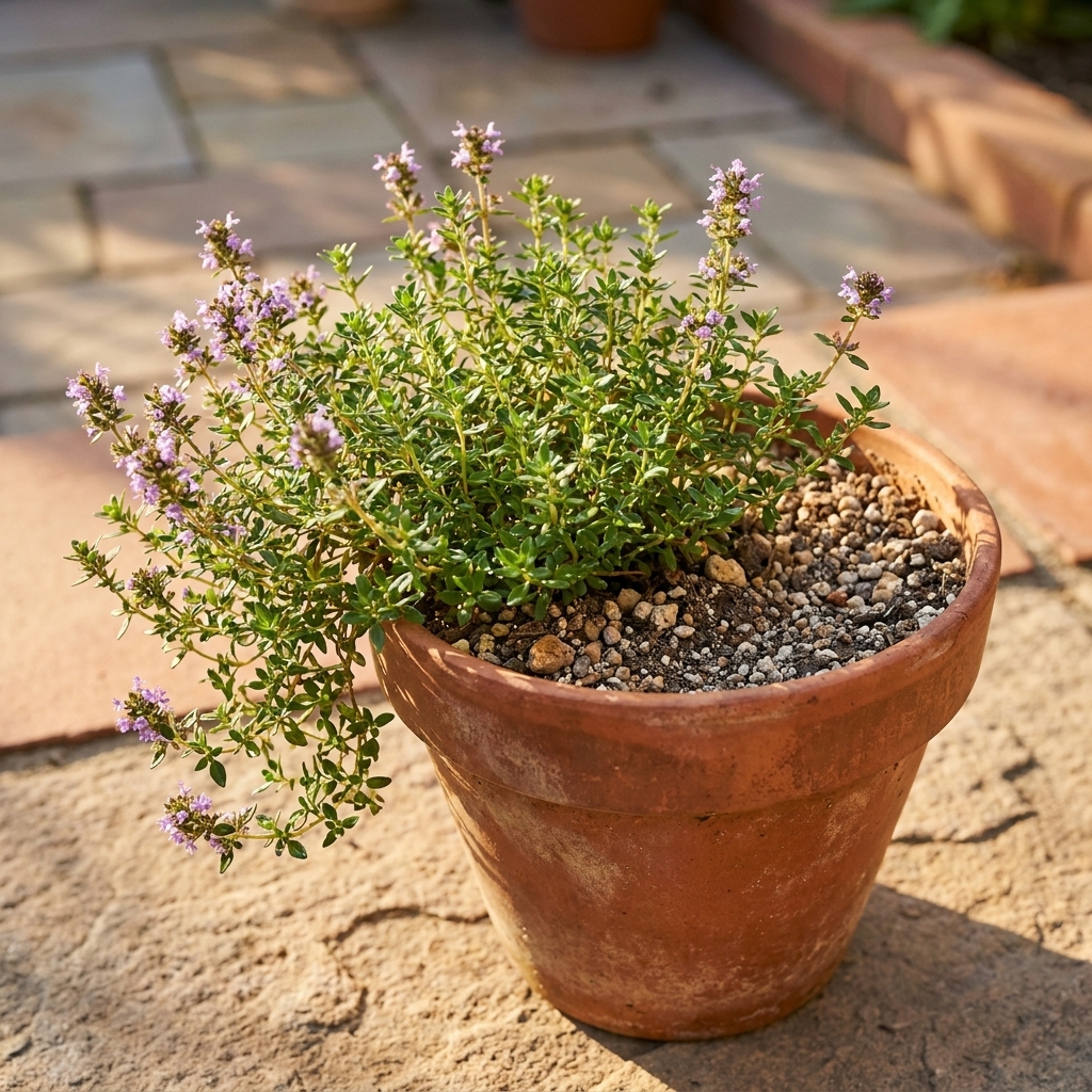 A close view of a thyme plant in a terracotta pot with dry, gritty soil visible on the surface, sitting on a sunny patio