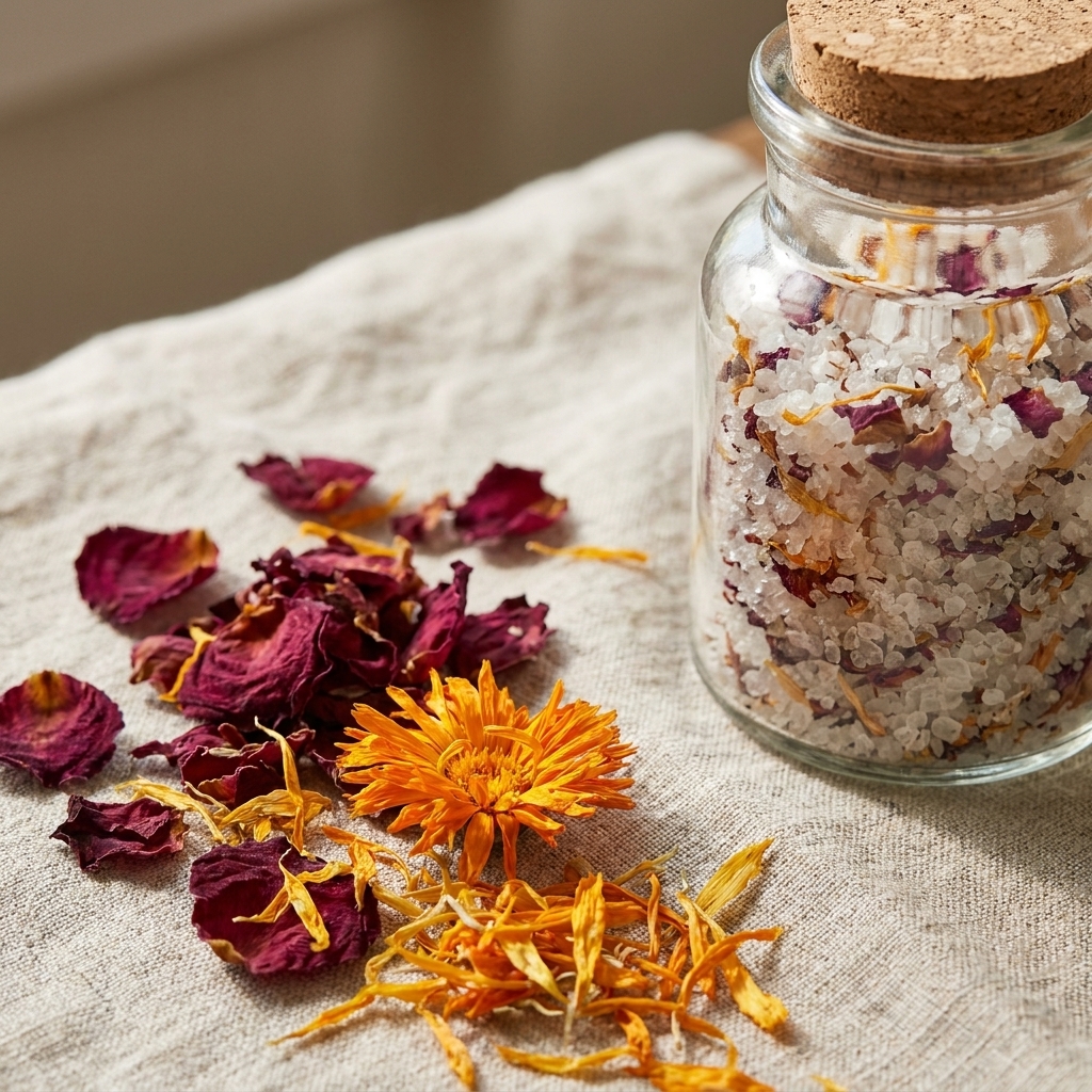 A close view of dried rose petals and calendula petals scattered next to a glass jar of bath salts on a linen cloth