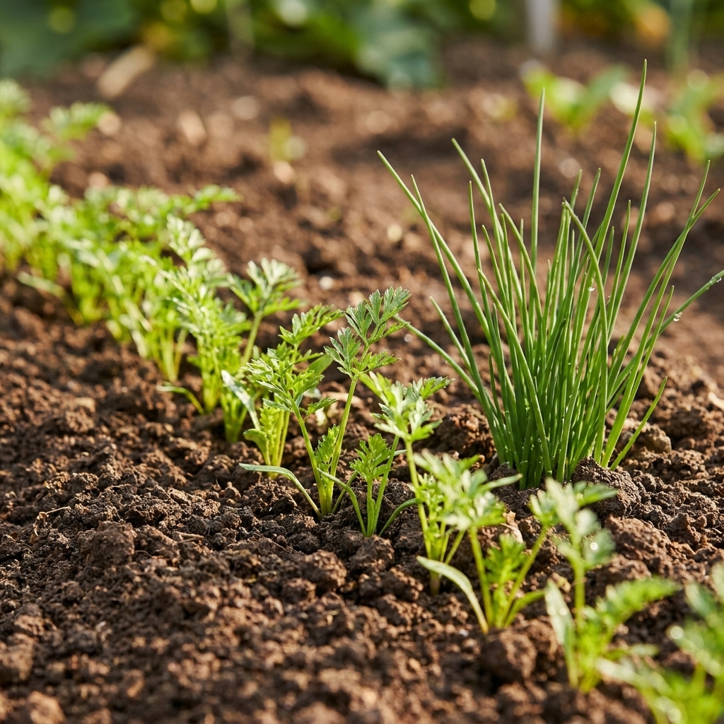 A close view of young carrot tops growing in a garden row with a small clump of chives nearby, showing green shoots and crumbly soil