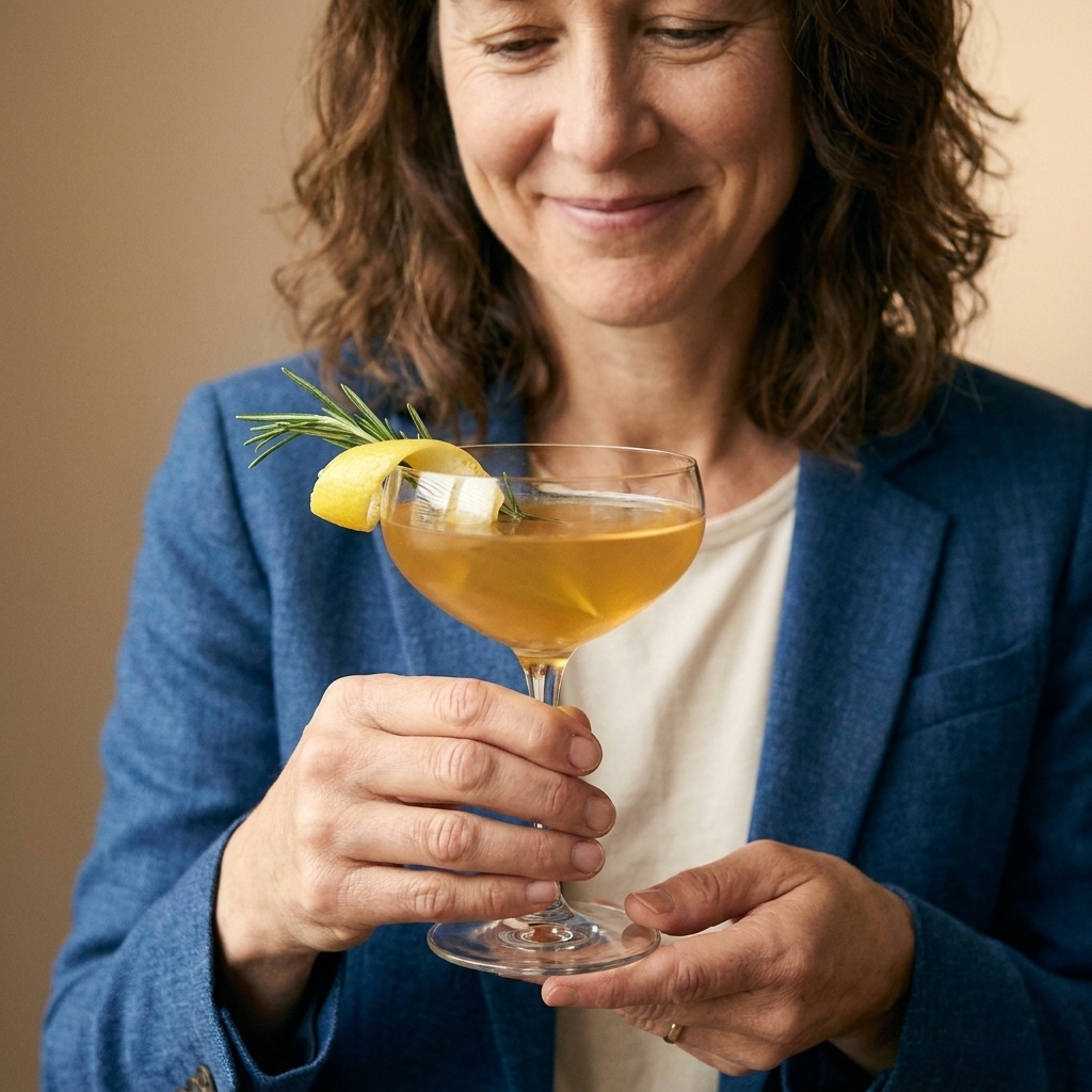 A cocktail in a coupe glass with a fresh rosemary sprig and a wide lemon twist resting on the rim