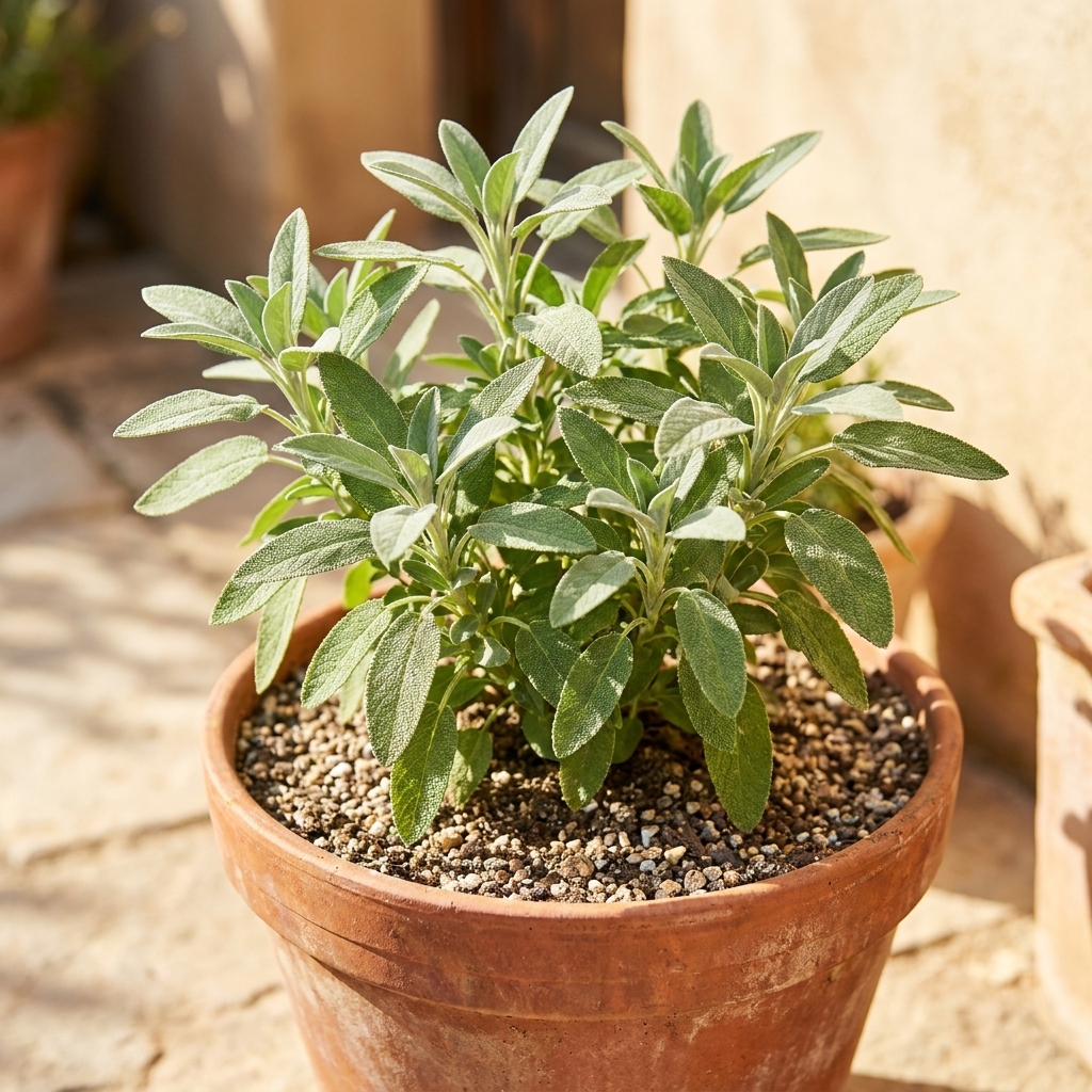 A common sage plant growing in a terracotta pot in full sun, with well-drained soil and dense silvery green leaves