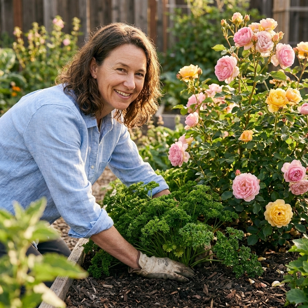 A cottage-style garden bed with blooming roses and a cluster of curly parsley growing at the base, with mulched soil and soft afternoon light