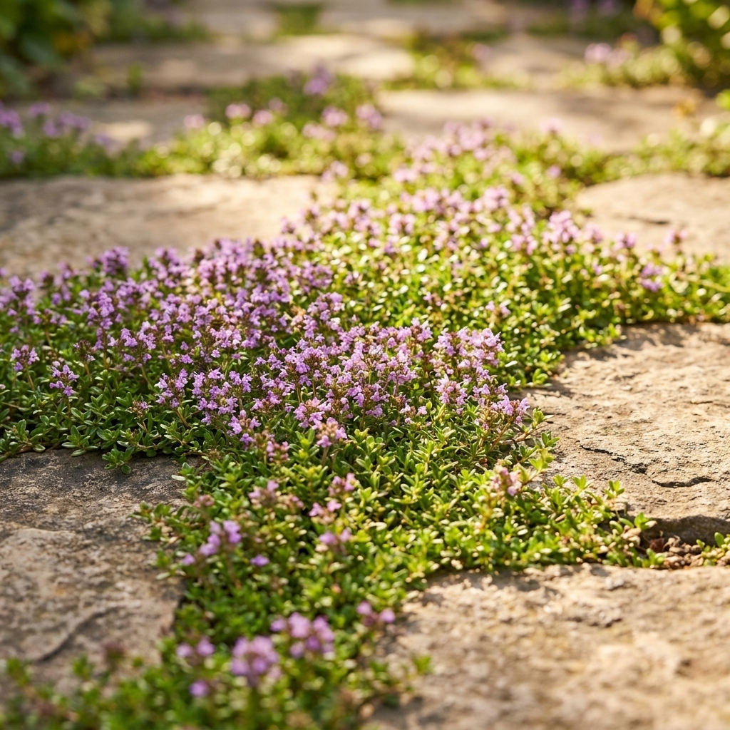 A dense patch of creeping thyme growing as a low mat between stone pavers, dotted with tiny purple flowers in summer sunlight