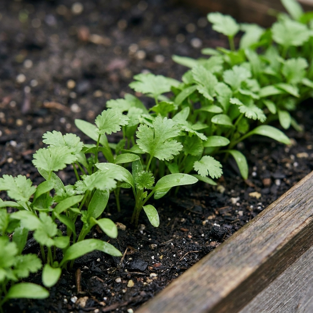 A dense row of young cilantro seedlings with bright green leaves growing in cool, diffused spring light in a raised bed