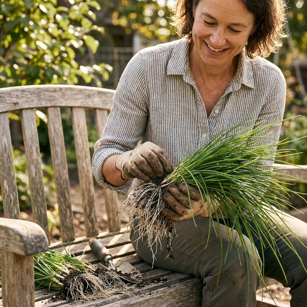 A freshly dug clump of chives on a garden bench with visible white roots being gently pulled apart into smaller sections