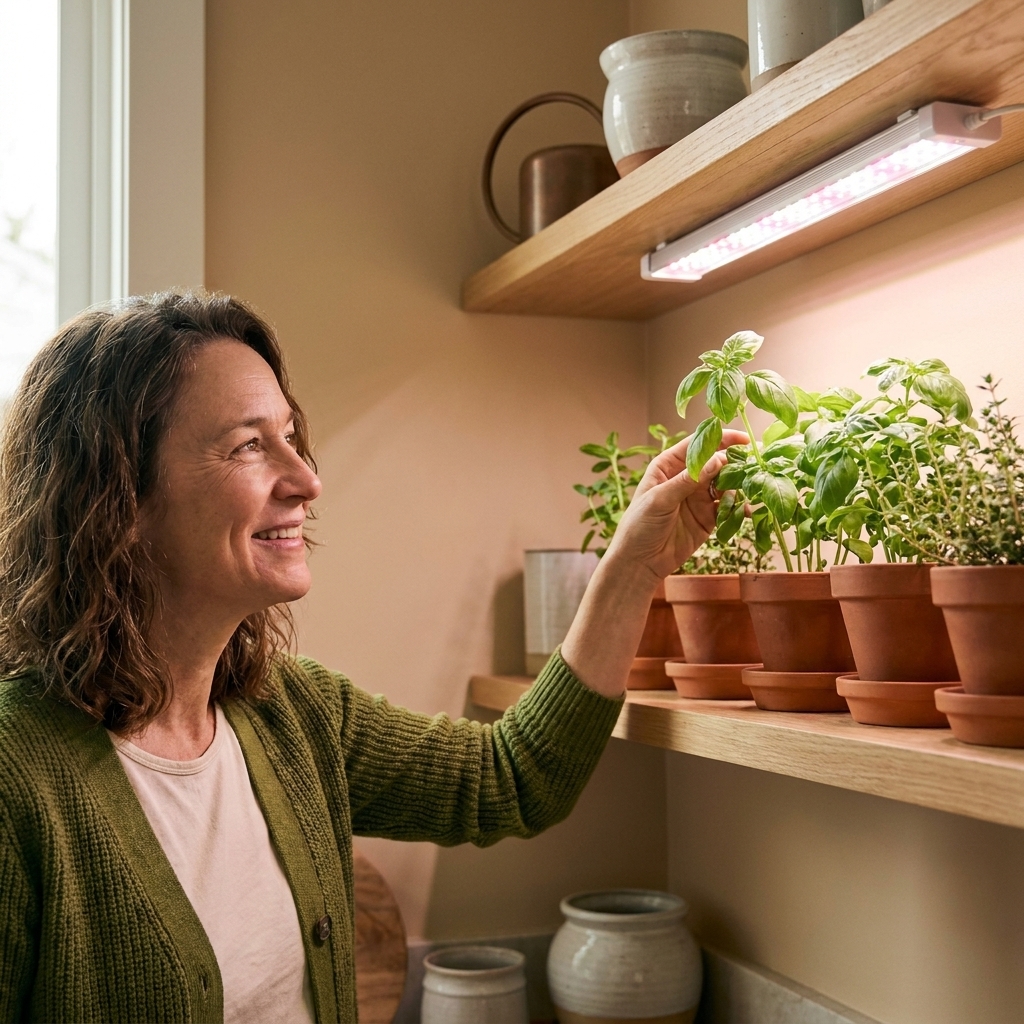 A full spectrum LED bar light mounted under a shelf, shining down onto small pots of basil and thyme