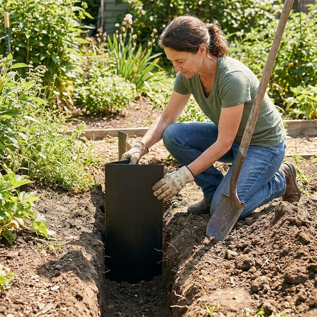 A garden bed trench with a black HDPE root barrier panel set vertically in the soil, leaving a small lip above ground before backfilling