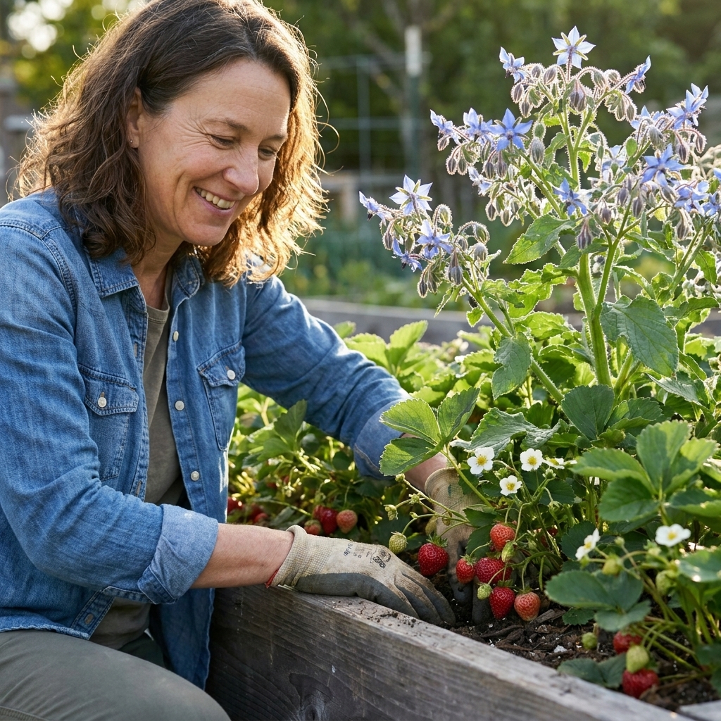 A garden bed with strawberry plants and ripening berries, with a borage plant nearby showing bright blue star-shaped flowers in natural sunlight