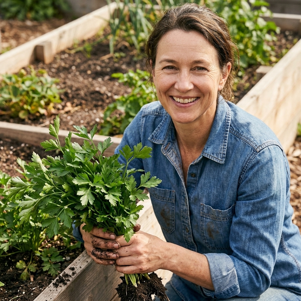 A gardener holding a fresh bunch of flat-leaf Italian parsley just harvested from an outdoor raised bed, with deep green serrated leaves and moist soil