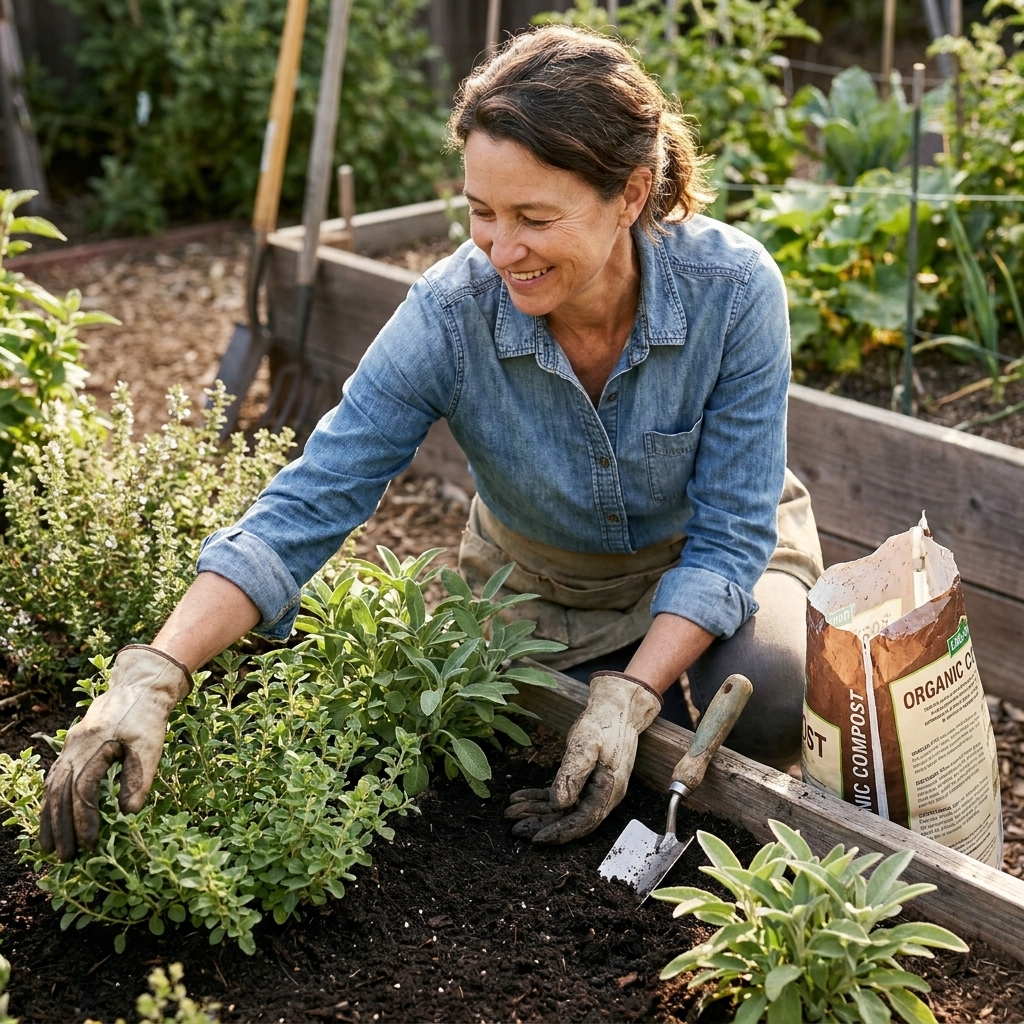 A gardener top-dressing a raised bed herb patch with a thin layer of finished compost around oregano and sage