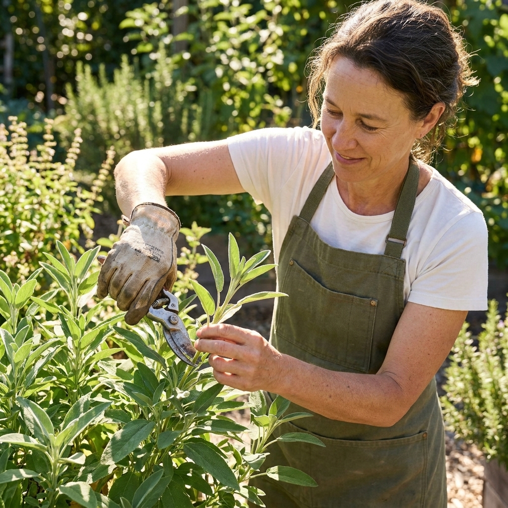 A gardener trimming a sage plant with hand pruners, cutting green stems just above leaf nodes on a sunny day