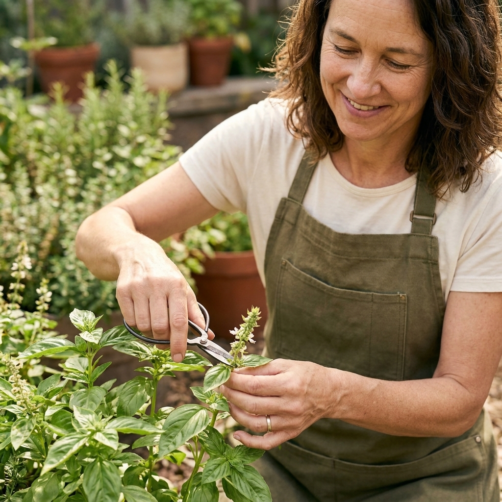 A gardener using small scissors to cut off a developing basil flower spike just above a pair of leaves