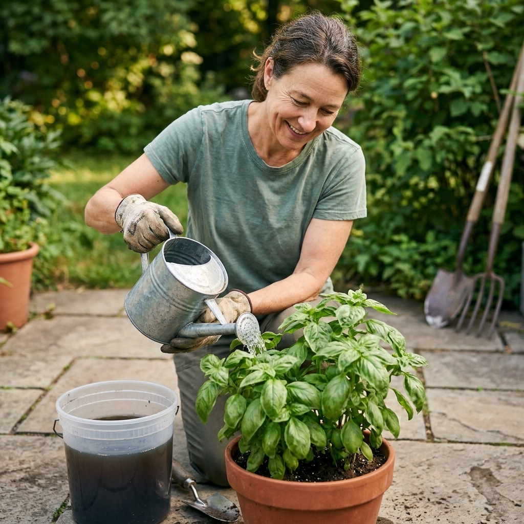 A gardener watering a potted basil plant with a small watering can after mixing a diluted organic fish emulsion fertilizer in a bucket