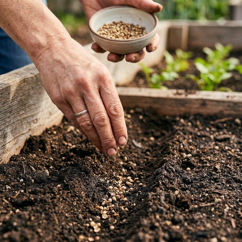 A gardener’s hand sowing cracked cilantro seeds into a shallow row of dark, moist soil in a backyard garden bed
