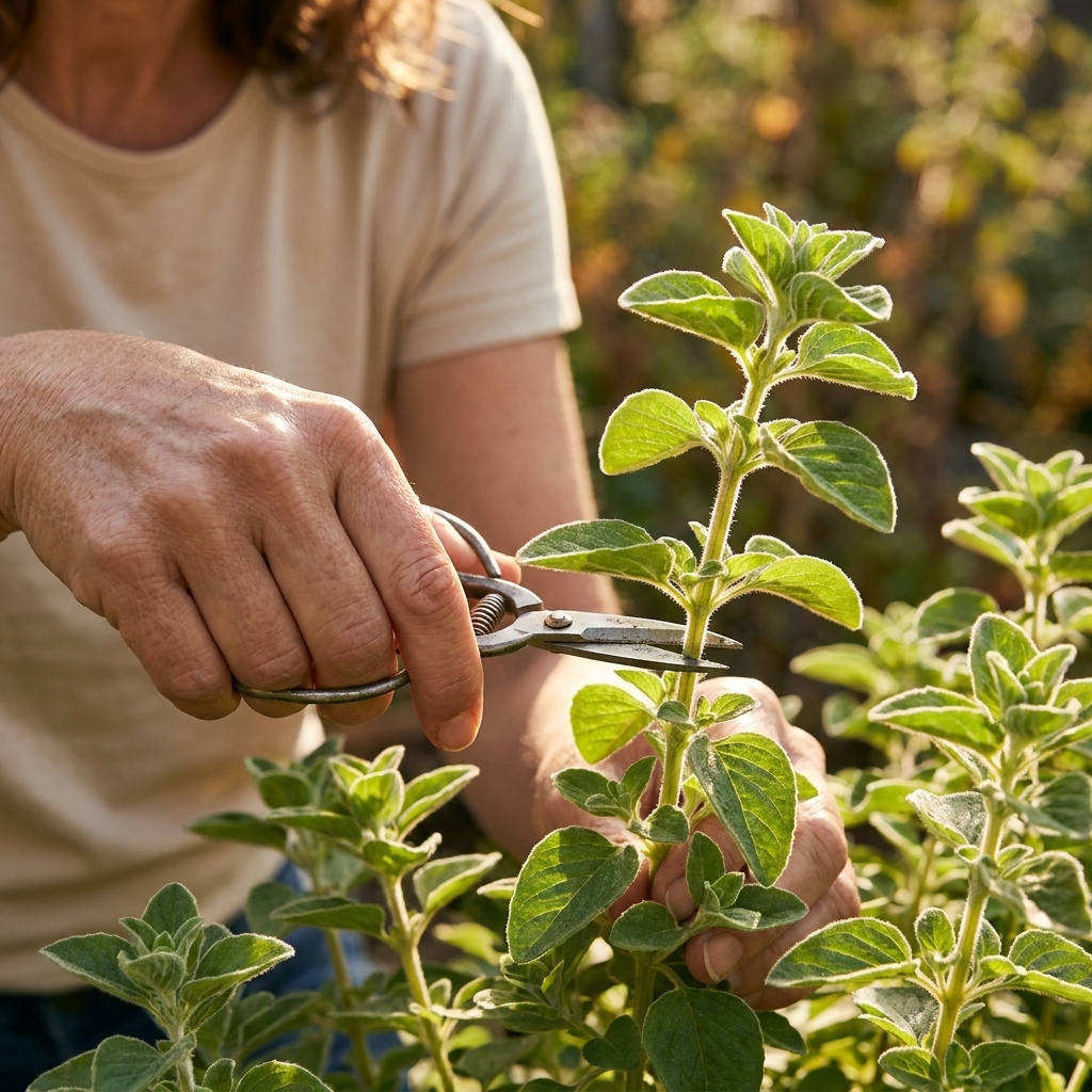 A gardener's hand using small snips to cut Greek oregano stems just above a leaf node, with sunlight highlighting the textured leaves