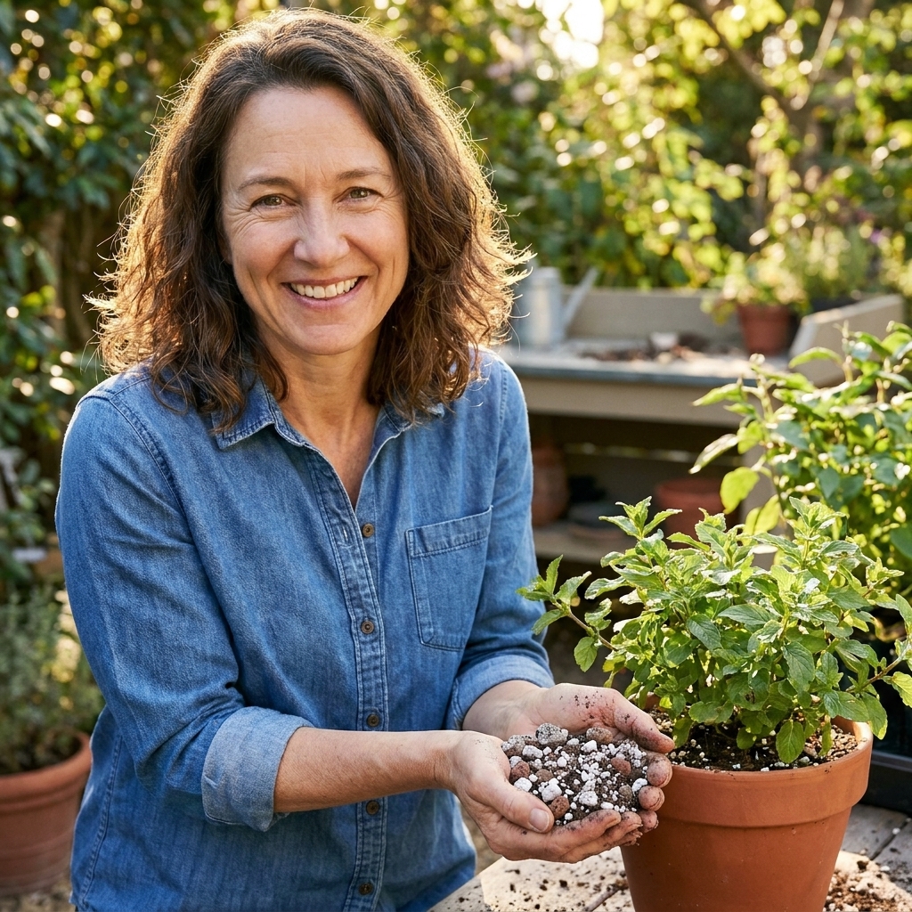 A gardener's hands holding a gritty potting mix with visible perlite and pumice next to a container plant