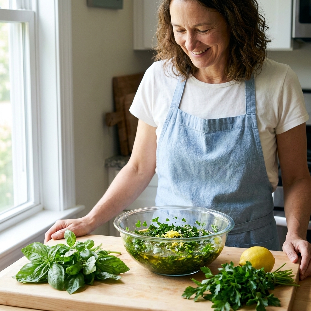 A glass bowl filled with bright green herb marinade with visible chopped parsley and basil, lemon zest, and olive oil on a wooden cutting board next to fresh herb bunches