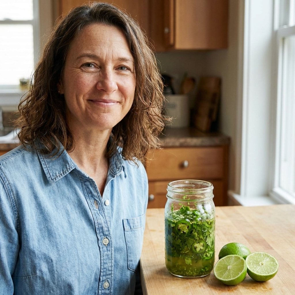 A glass jar of cilantro lime marinade with visible chopped cilantro, jalapeno slices, and lime zest, sitting beside halved limes on a kitchen counter