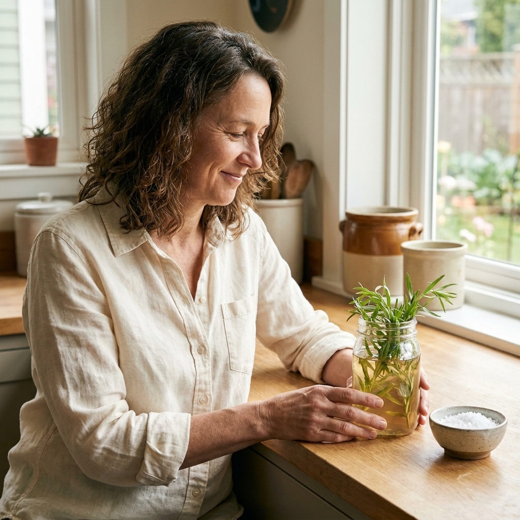 A glass jar of pale golden vinegar infusing with fresh tarragon sprigs, sitting on a kitchen counter near a small bowl of salt