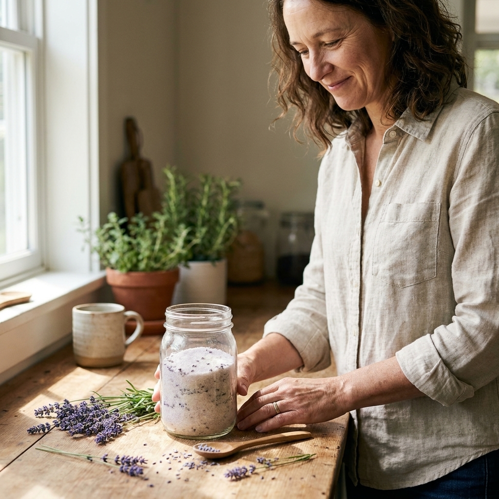 A glass jar of pale lavender-infused sugar on a wooden kitchen counter with fresh lavender sprigs nearby, natural window light