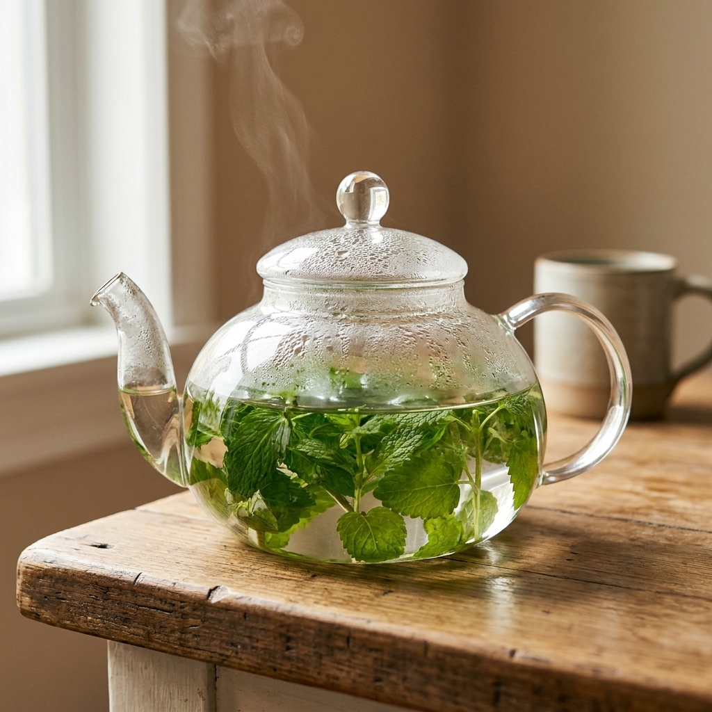 A glass teapot with fresh mint and lemon balm steeping in hot water on a countertop, with a lid on and condensation visible