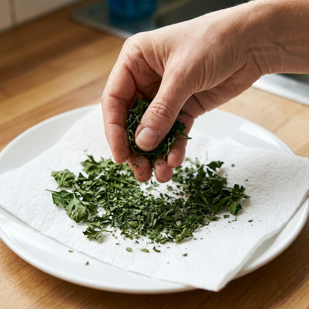 A hand crumbling fully dried parsley leaves over a white plate with a paper towel, showing the leaves breaking easily into flakes